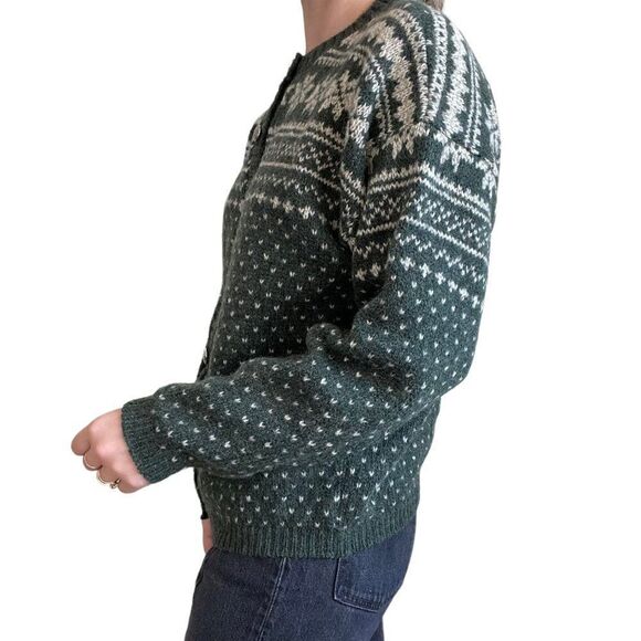 Vintage 90s Womens Olive Green Eddie Bauer Fair Isle Christmas Wool Cardigan - Picture 6 of 8